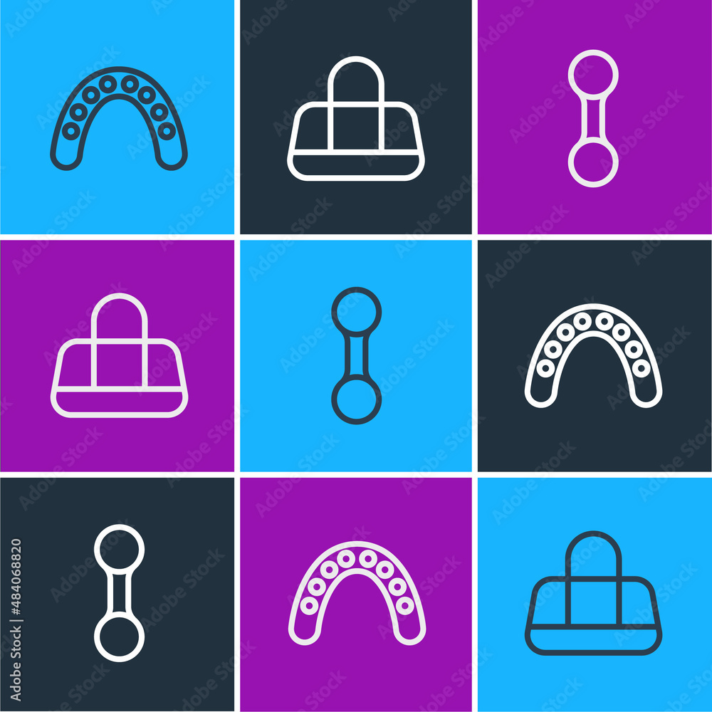 Set line Mouth guard boxer, Dumbbell and Sport bag icon. Vector