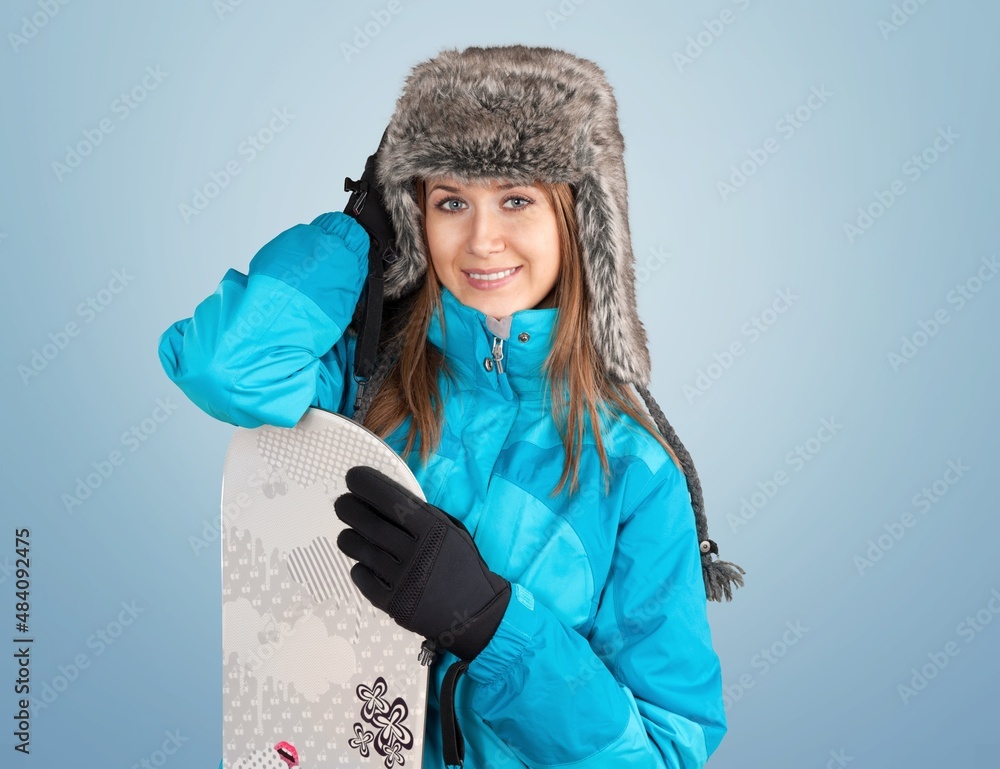 Skier cheerful satisfied happy sporty woman wear warm windbreaker jacket