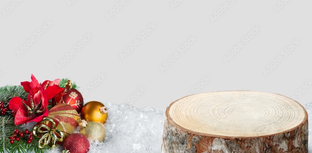 Minimal Christmas background with a podium for a product presentation. Happy New Year and Merry Chri