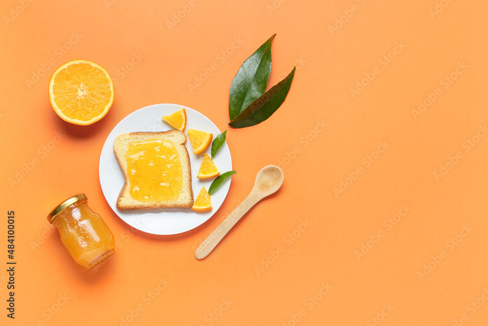 Composition with tasty orange jam and toast on color background