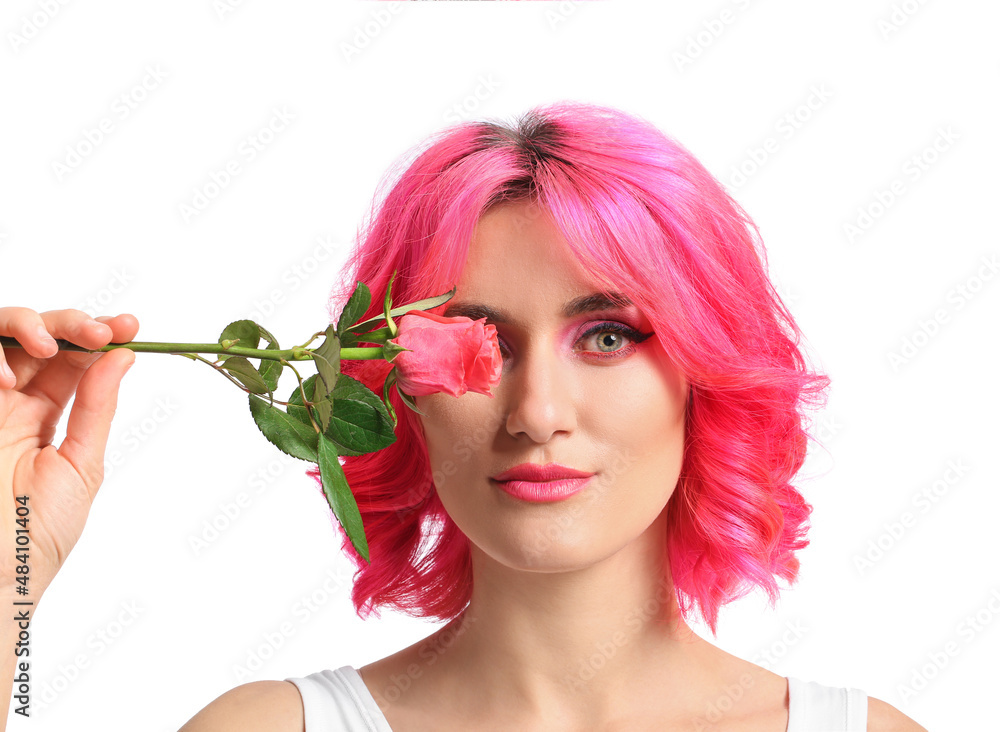 Stylish woman with bright hair and rose flower on white background