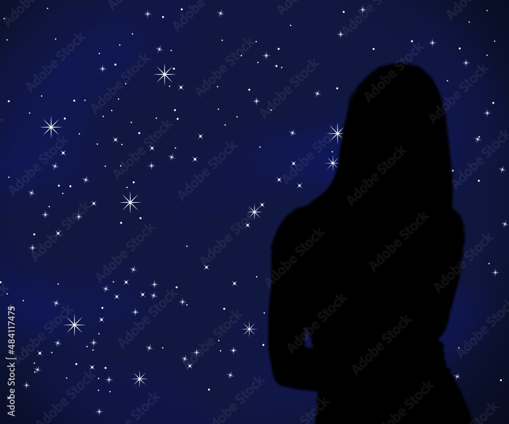 Silhouette of a woman enjoying countryside under the starry skies.