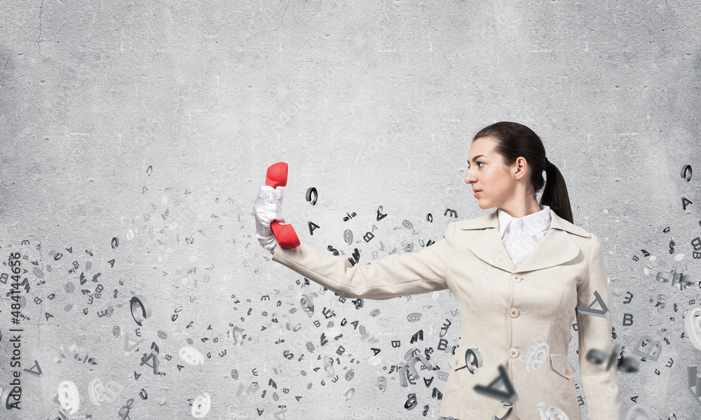 Woman keep at distance vintage red phone