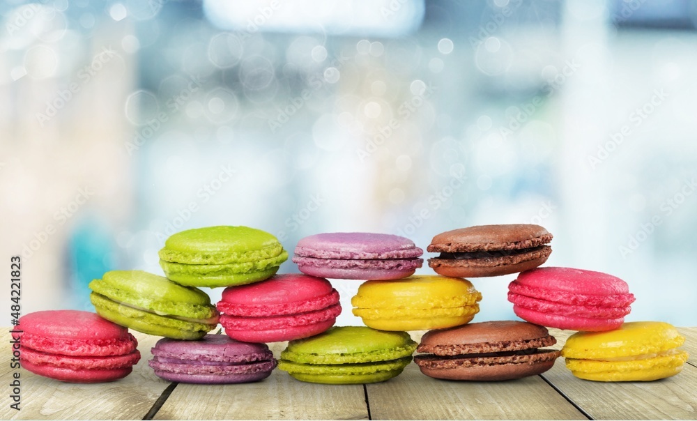 Tasty sweet macarons cakes of different colors. Culinary and cooking concept.