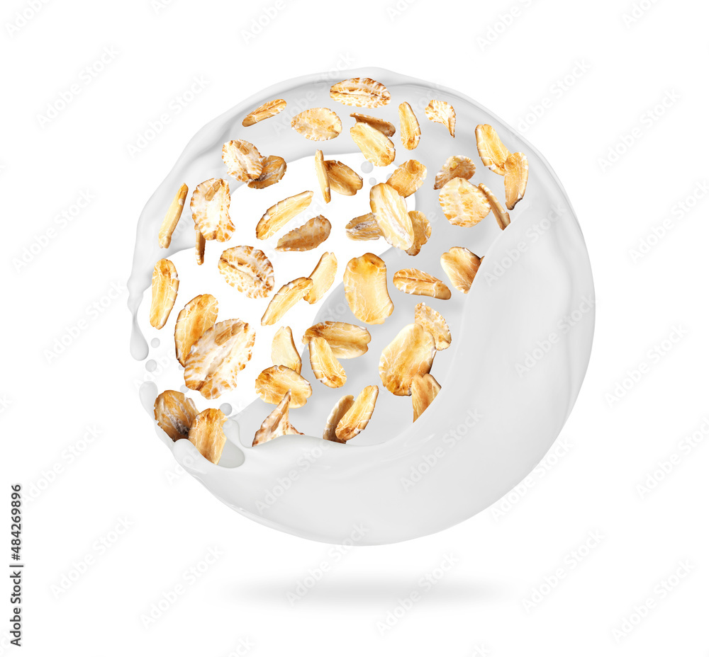 Milk splashes in spherical shape with oat flakes