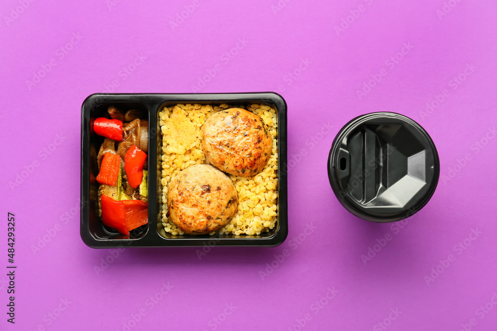 Takeaway box with delicious food and paper cup with drink on color background