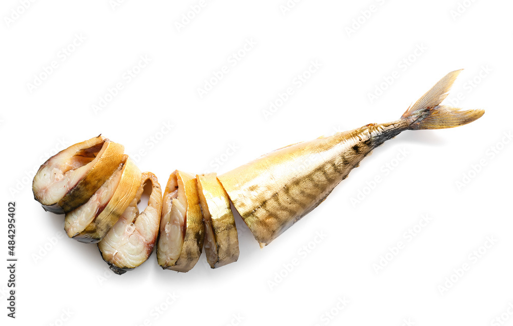 Cut smoked mackerel fish on white background