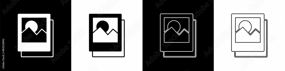 设置照片图标隔离在黑白背景上。矢量