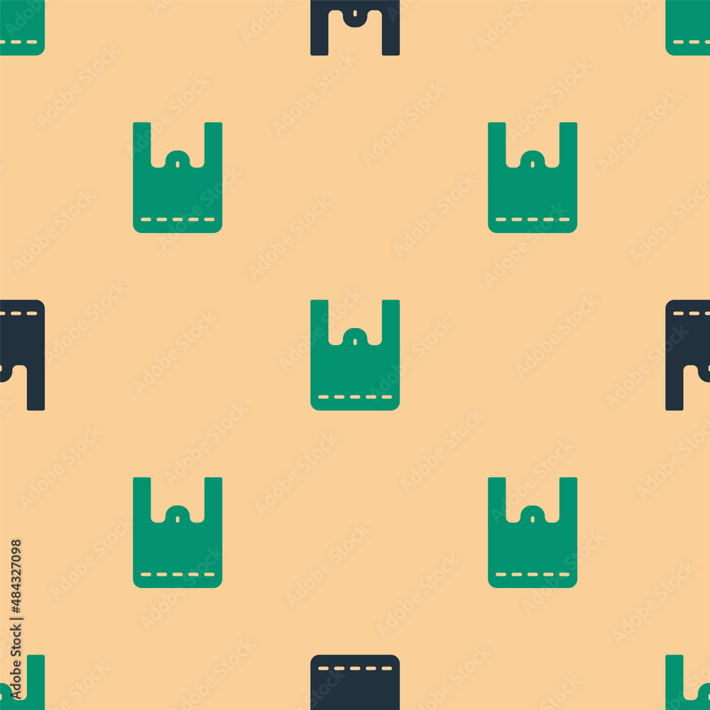 Green and black Paper shopping bag icon isolated seamless pattern on beige background. Package sign.