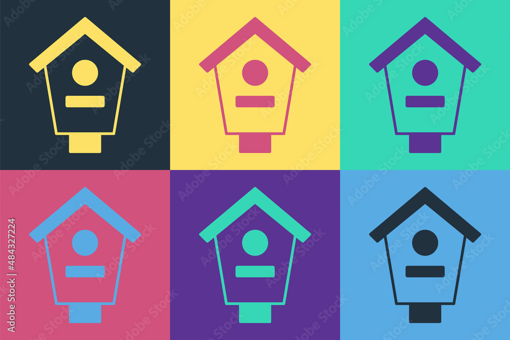 Pop art Bird house icon isolated on color background. Nesting box birdhouse, homemade building for b