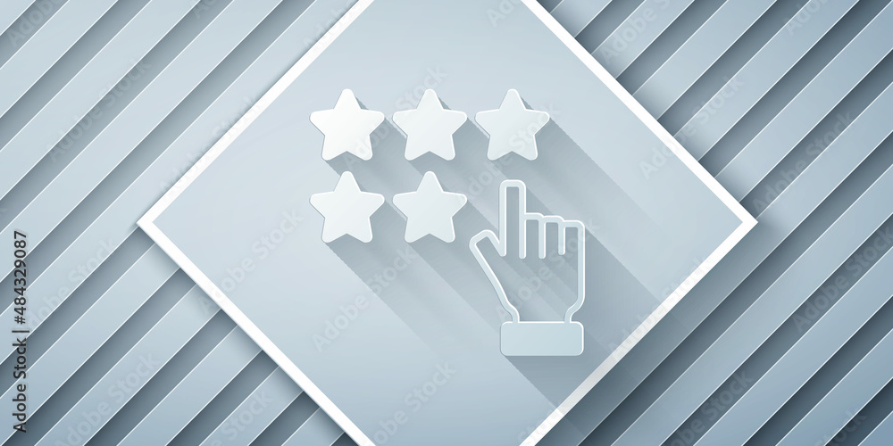 Paper cut Five stars customer product rating review icon isolated on grey background. Favorite, best