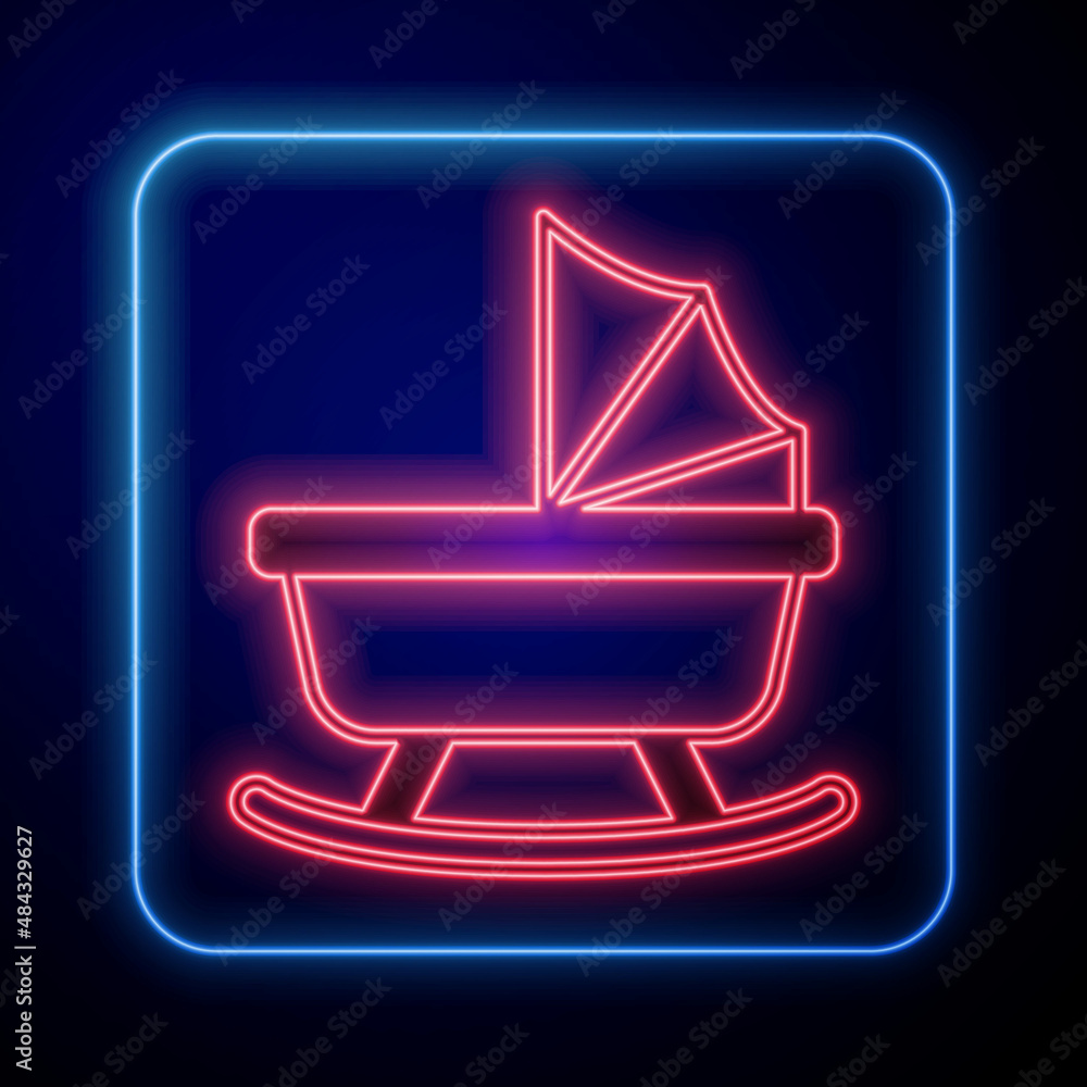 Glowing neon Baby stroller icon isolated on black background. Baby carriage, buggy, pram, stroller, 