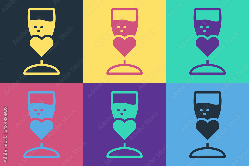 Pop art Glass of champagne icon isolated on color background. Happy Valentines day. Vector