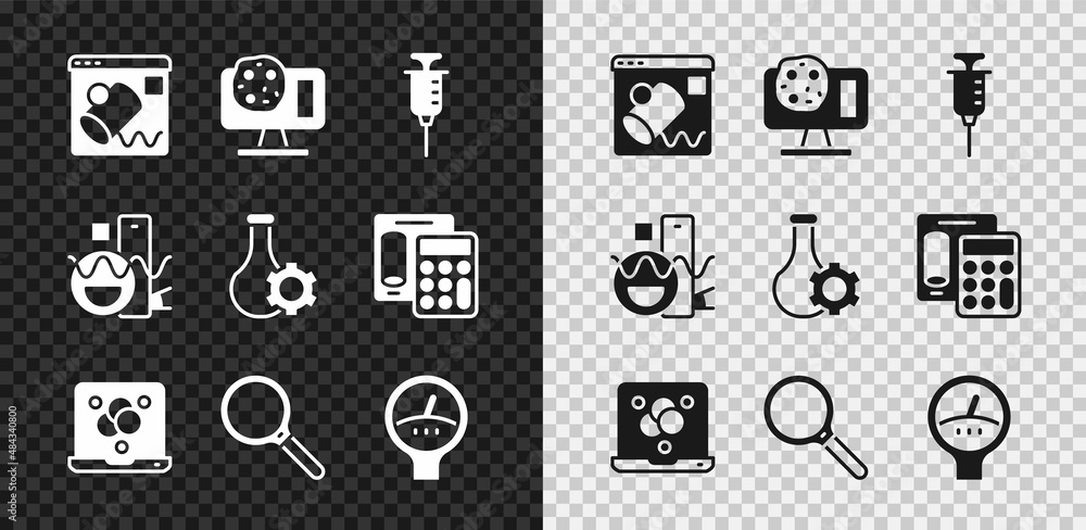 Set Data visualisation, Genetic engineering, Syringe, Chemical formula, Magnifying glass, Gauge scal