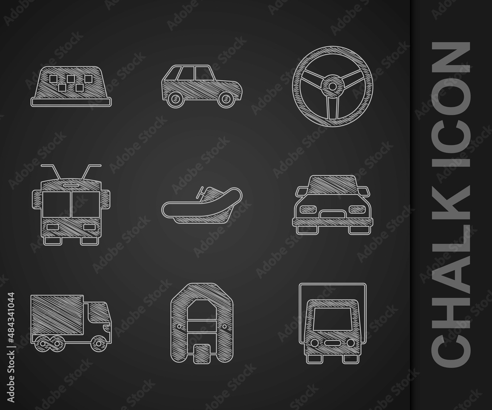 Set Rafting boat, Delivery cargo truck, Car, Trolleybus, Steering wheel and Taxi roof icon. Vector