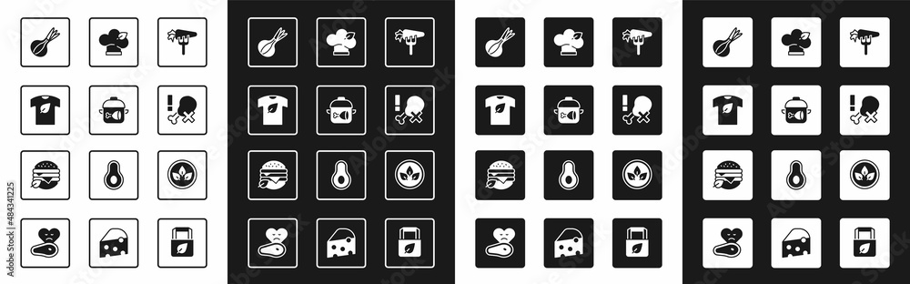 Set Carrot, Cooking pot and chicken leg, Vegan shirt, Onion, No, food diet, and icon. Vector