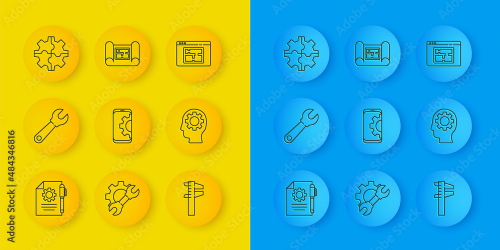 Set line Document settings and pen, Wrench spanner, Setting on smartphone, Calliper or caliper scale