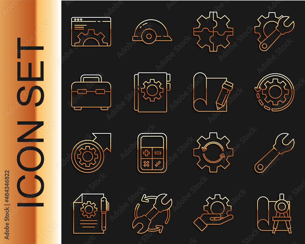 Set line Graphing paper and compass, Wrench spanner, Gear arrows workflow, User manual, Toolbox, Bro