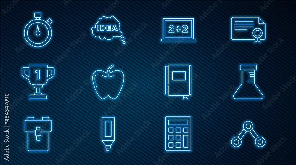 Set line Molecule, Test tube and flask, Chalkboard, Apple, Award cup, Stopwatch, Book and Idea, spee