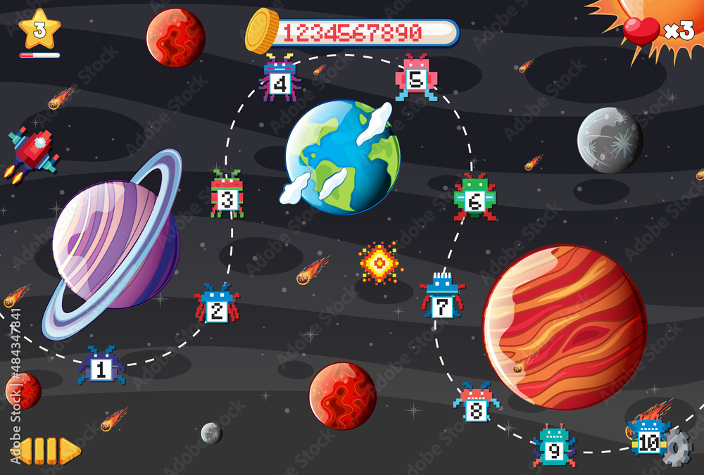 Pixel space game interface with planets