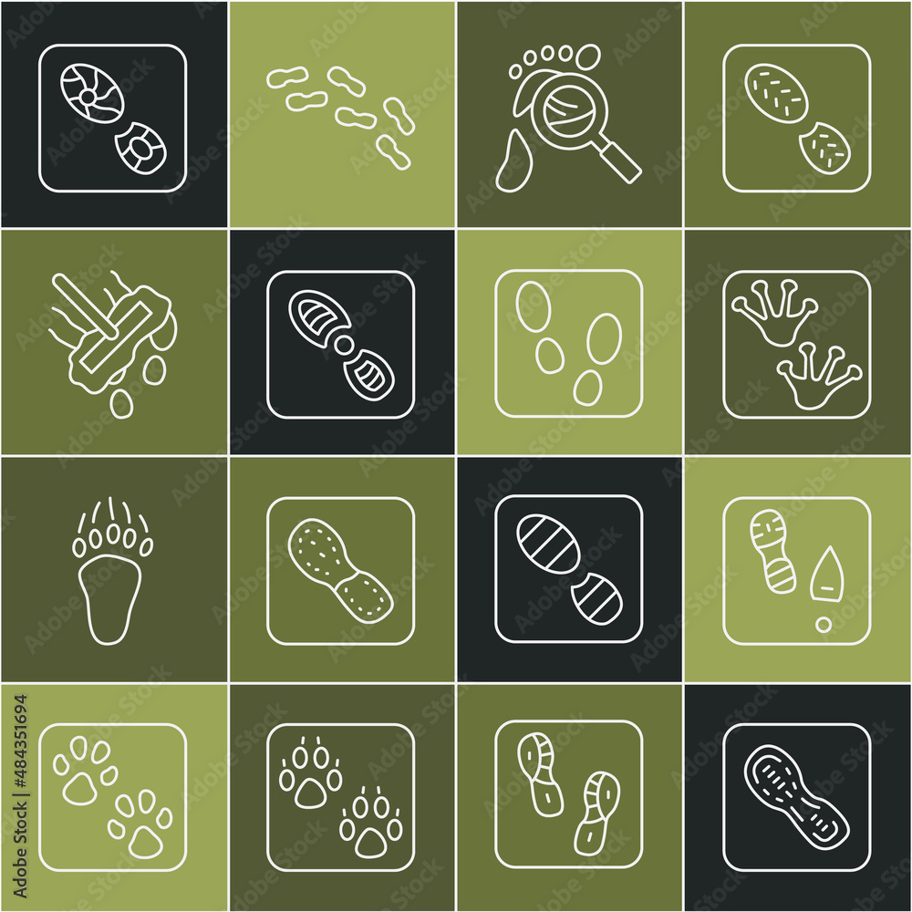 Set line Human footprints shoes, Frog paw, Magnifying glass with footsteps, Mop, and icon. Vector