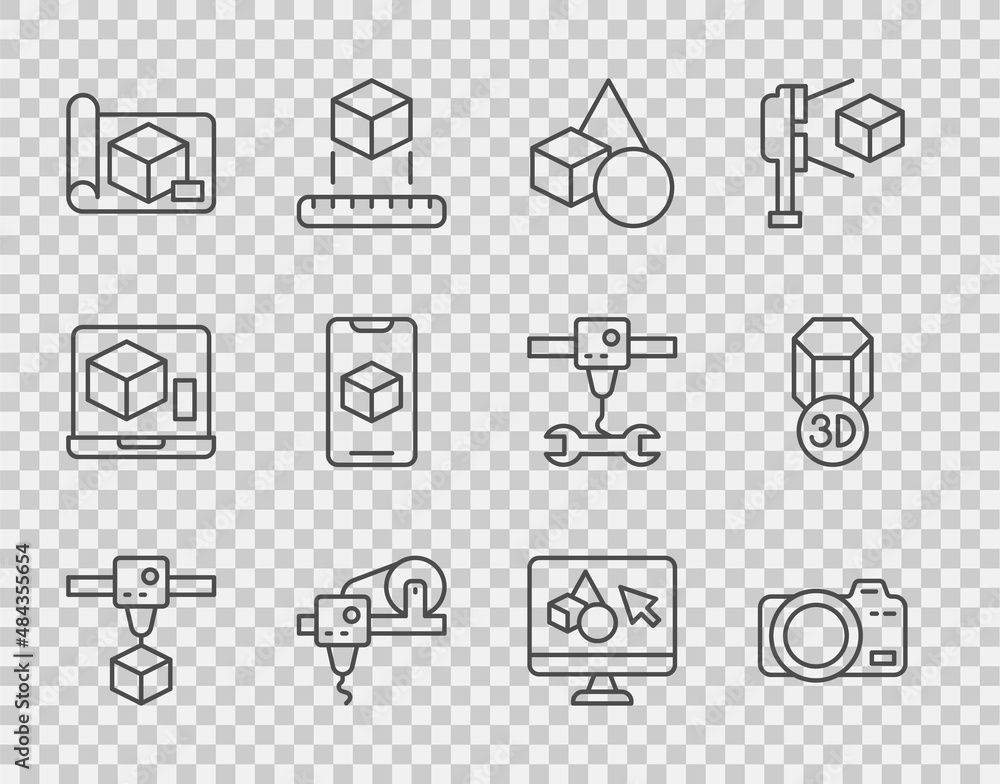 设置线3D打印机立方体，照片相机，基本几何形状，工程绘图纸，柔软
