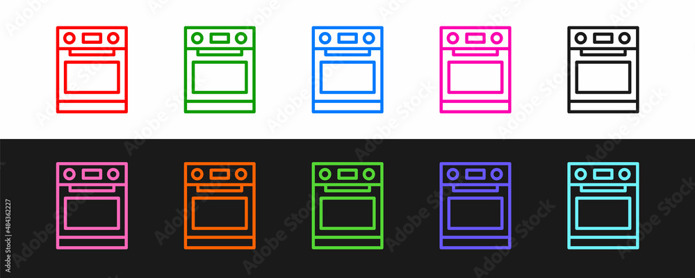 设置线烤箱图标隔离在黑白背景上。燃气烤箱标志。矢量