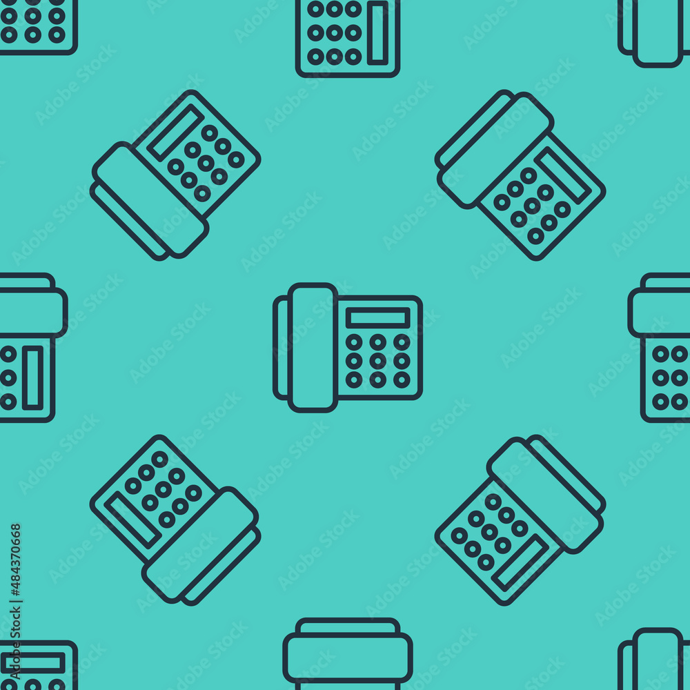 Black line Telephone handset icon isolated seamless pattern on green background. Phone sign. Vector