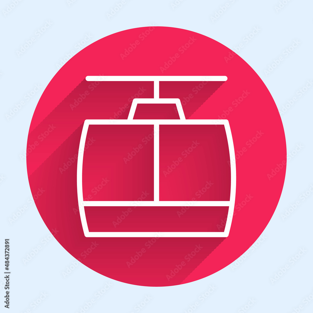 White line Cable car icon isolated with long shadow background. Funicular sign. Red circle button. V