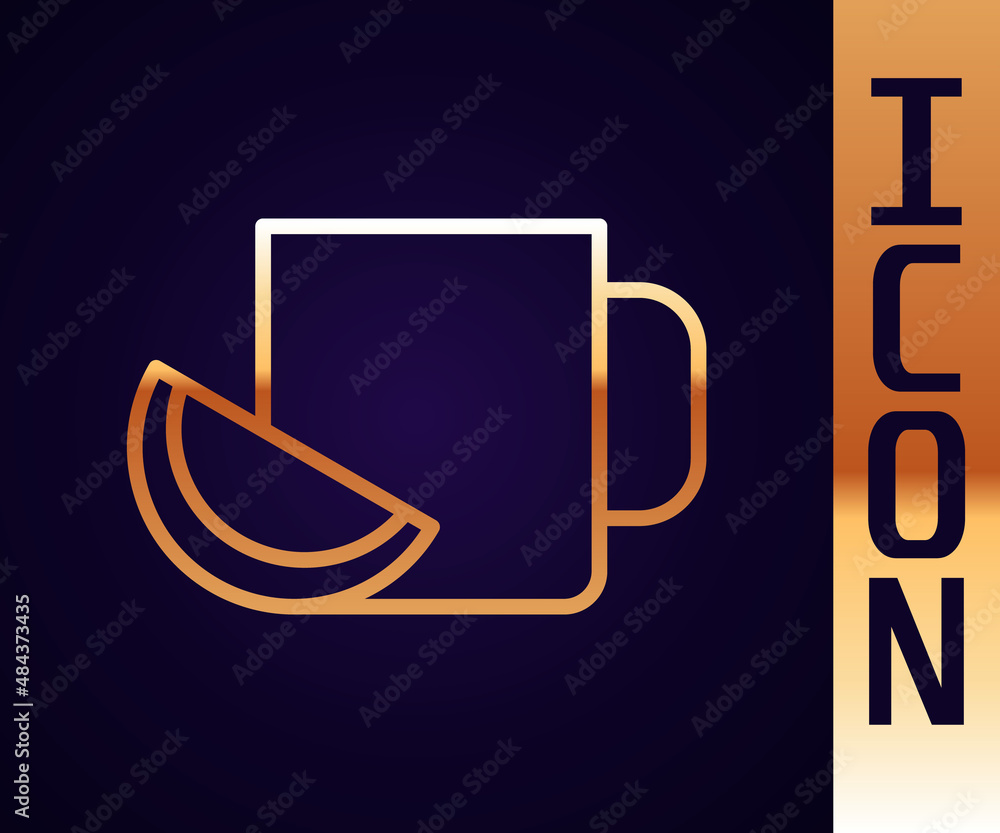 Gold line Cup of tea with lemon icon isolated on black background. Vector