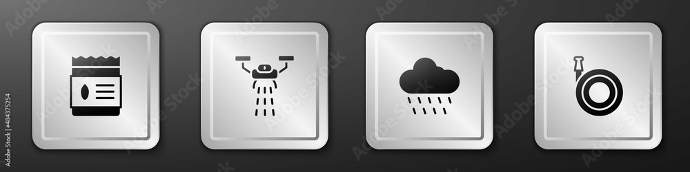 Set Pack full of seeds of plant, Smart farm with drone, Cloud rain and Garden hose icon. Silver squa