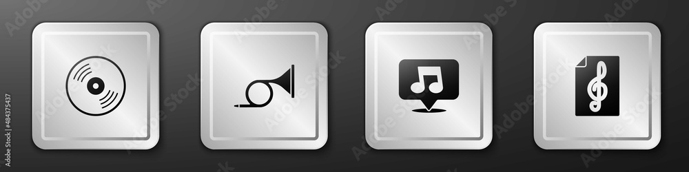 设置乙烯基唱片、小号、音符、音调和高音谱号图标。银色方形按钮。矢量