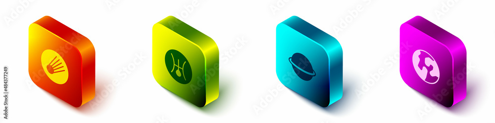 Set Isometric Comet, Symbol Uranus, Planet Saturn and Earth globe icon. Vector