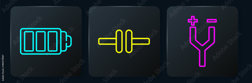 Set line Battery charge level indicator, Electric cable and Electric circuit scheme. Black square bu