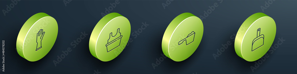 Set Isometric line Rubber gloves, Basin with shirt, Washing powder and Dustpan icon. Vector