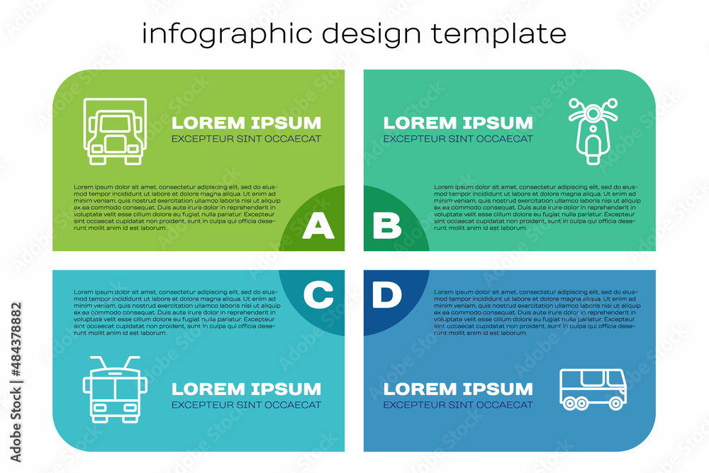 设置线路有轨电车，送货卡车，公共汽车和滑板车。商业信息图模板。矢量