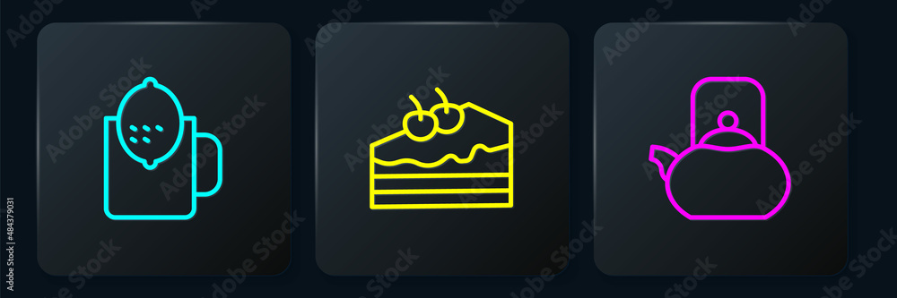 Set line Cup of tea with lemon, Kettle handle and Piece cake. Black square button. Vector