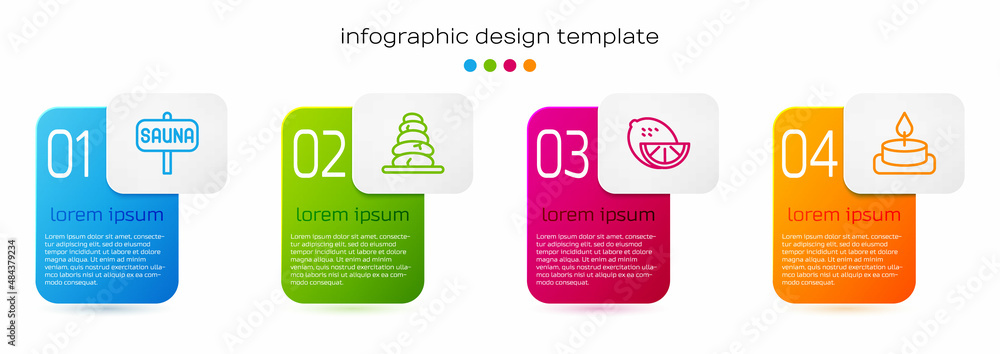 集合线桑拿，堆叠热石头，柠檬和芳香蜡烛。商业信息图模板。矢量