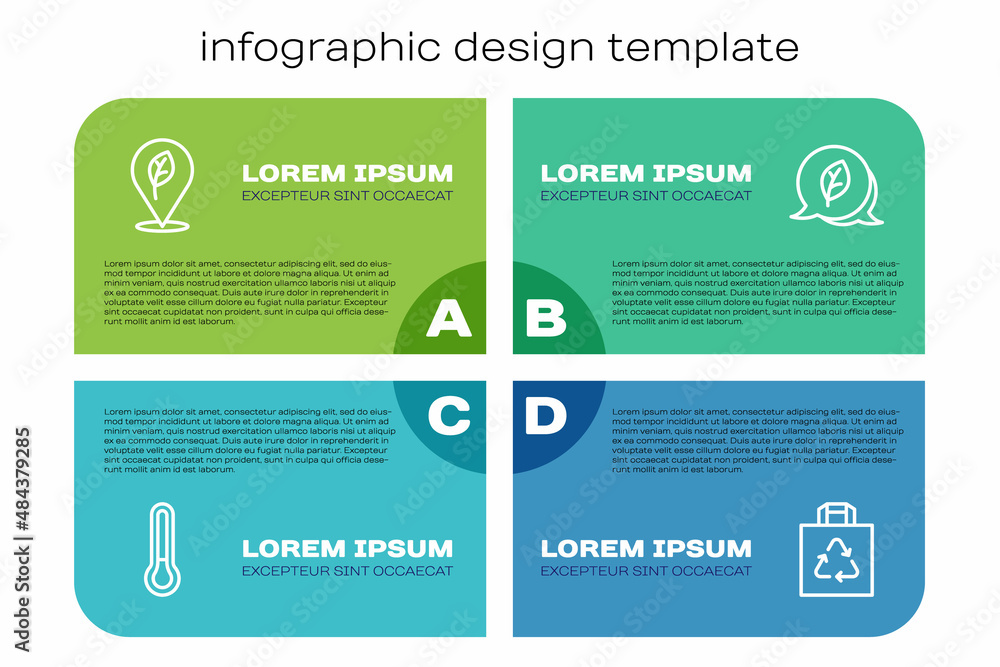 设线温度计，带叶子的位置，购物袋回收和叶子环保标志。商业信息图表