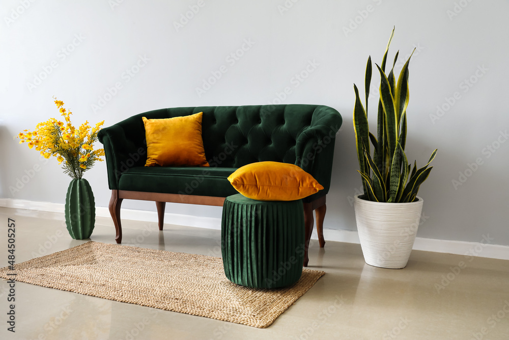 Green sofa, pouf, vase with flowers and houseplant near light wall