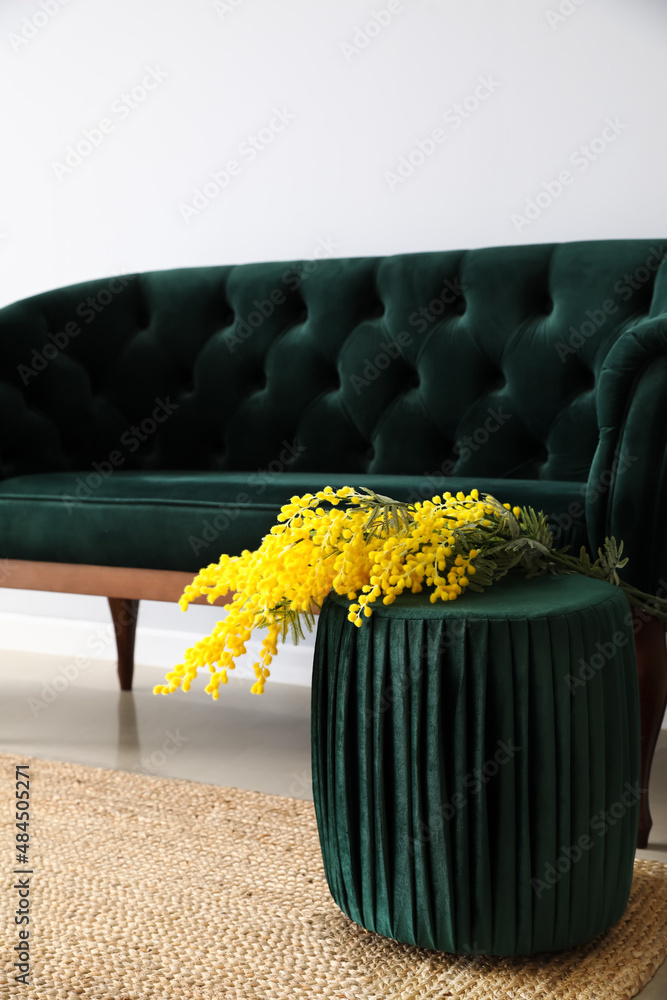 Green pouf with flowers and elegant sofa near light wall