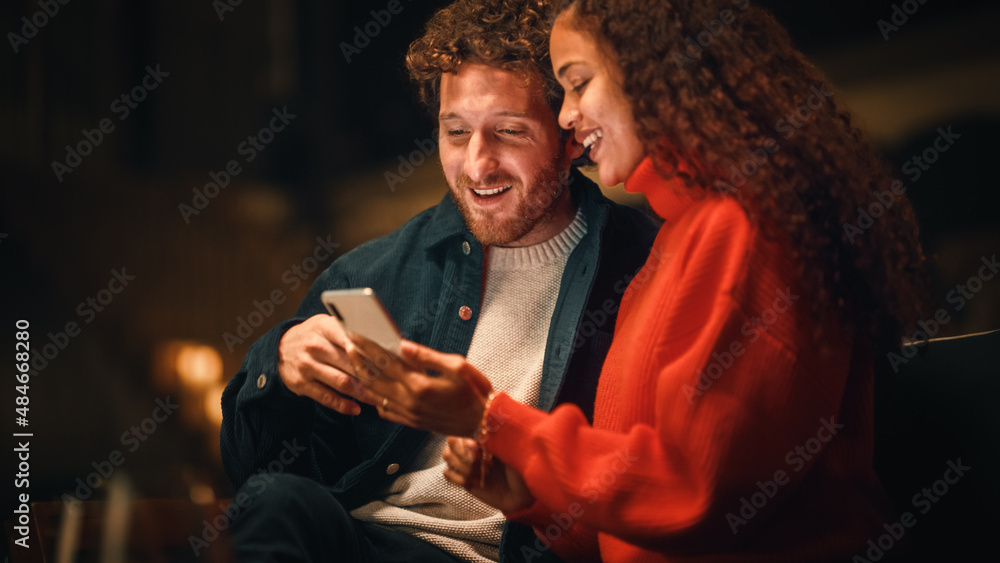 Man and Woman Sitting on a Date at an Outdoors Restaurant Terrace on a Warm Summer Evening. Loving M