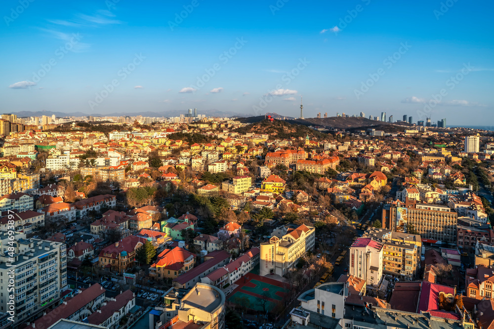 Aerial photography of Qingdao bay architectural landscape skyline