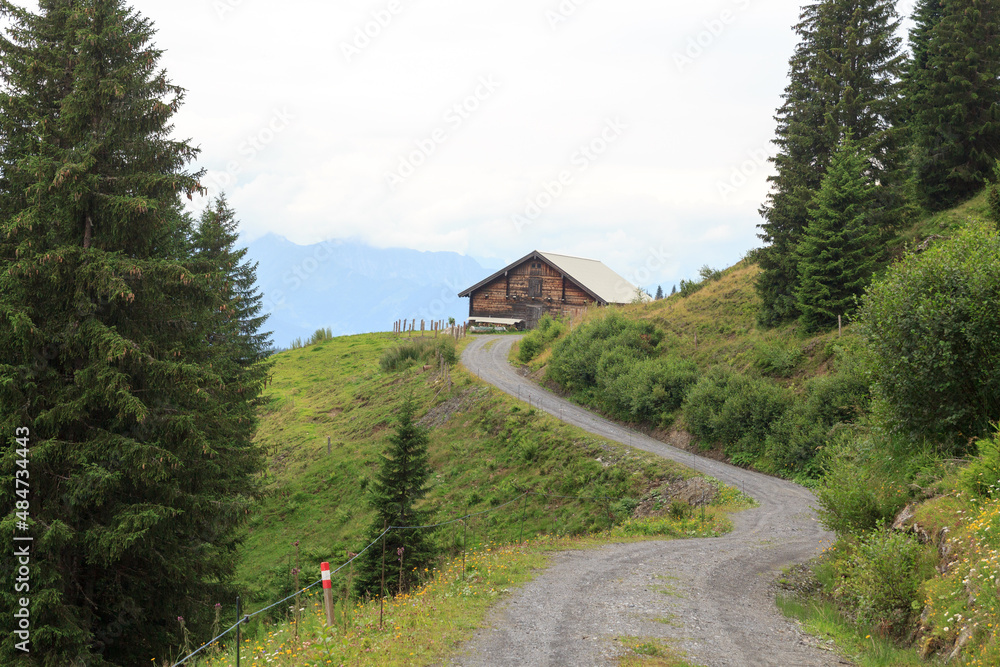 奥地利萨尔茨堡阿尔卑斯山上的全景，有山上的小屋和碎石路