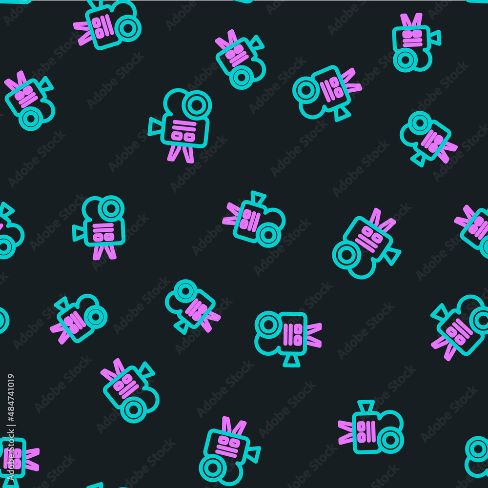 Line Retro cinema camera icon isolated seamless pattern on black background. Video camera. Movie sig