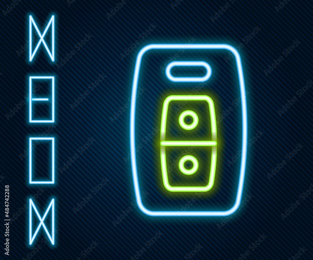 Glowing neon line Car key with remote icon isolated on black background. Car key and alarm system. C