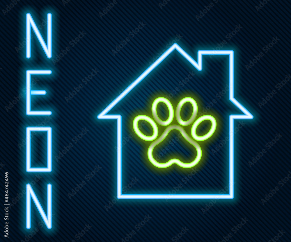 Glowing neon line Pet house icon isolated on black background. Colorful outline concept. Vector