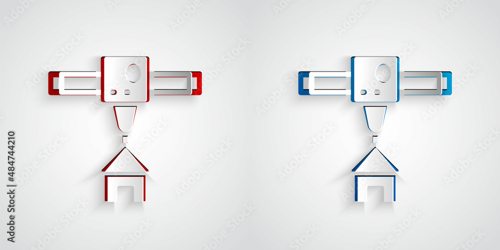 灰色背景上隔离的剪纸3D打印机房屋图标。3D打印。纸艺风格。矢量