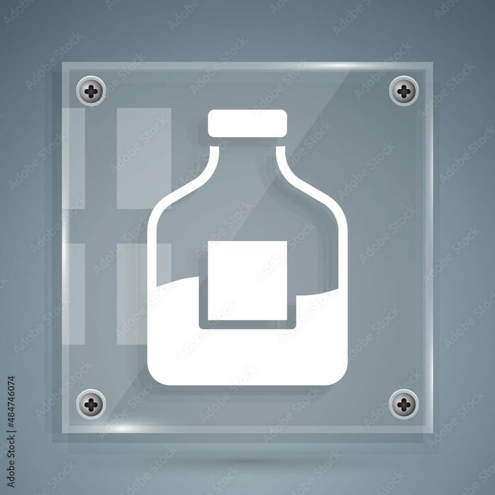 White Glass bottle of vodka icon isolated on grey background. Square glass panels. Vector