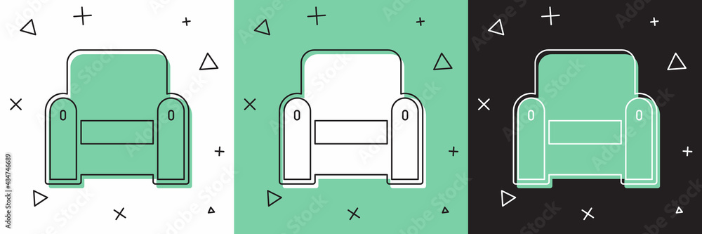 将扶手椅图标隔离在白色和绿色黑色背景上。矢量